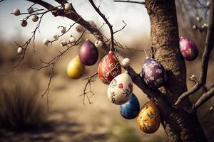 Pascua de Resurrección huevos colgando en un árbol, modelo para Pascua de Resurrección saludo tarjeta, generativo ai. foto