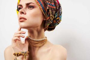 pretty woman multicolored turban decoration fashion ethnicity photo