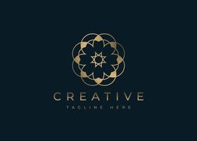 Geometrical Flower of Life pattern with Symmetrical esoteric symbol in gold color with a dark cool background. vector
