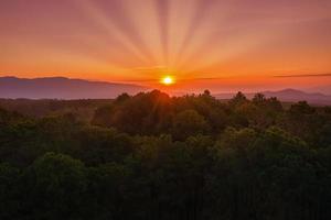 Aerial view of sunrise over mountian and pine tree in Chiang Mai Province, Thailand. photo