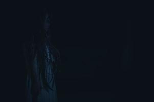 sad child ghost at night,Halloween Festival concept,Friday 13th,Horror movie scene,A girl with doll photo