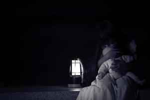sad child ghost at night,Halloween Festival concept,Friday 13th,Horror movie scene,A girl with doll photo