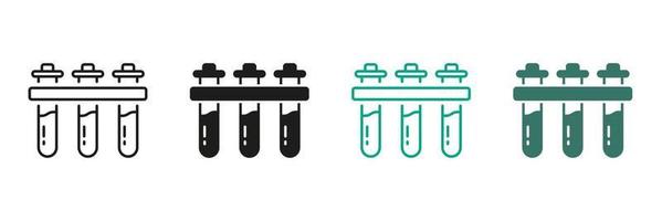 Test Tubes Line and Silhouette Icon Set. Chemistry Beaker Black and Color Symbol Collection. Medical Laboratory Sample Pictogram. Chemical Experiment, Glass Flask Sign. Isolated Vector Illustration.