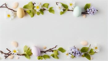 Flat easter background with spring flowers and eggs, Ai photo