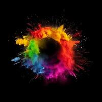 Holi powder color splash paints round border isolated on Black background colorful explosion - photo