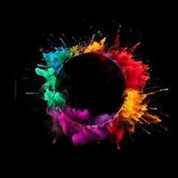 Holi powder color splash paints round border isolated on Black background colorful explosion - photo