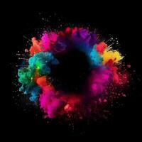 Holi powder color splash paints round border isolated on Black background colorful explosion - photo