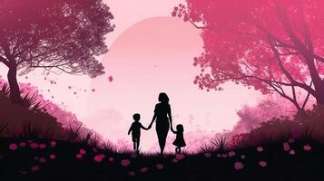 A Silhouette of a Mother and Child Holding Hands and Walking in a Park Surrounded by Blooming Flowers - photo