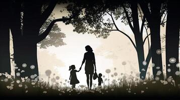 un silueta de un madre y niño participación manos y caminando en un parque rodeado por floreciente flores - ai generado foto