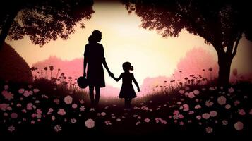 A Silhouette of a Mother and Child Holding Hands and Walking in a Park Surrounded by Blooming Flowers - photo