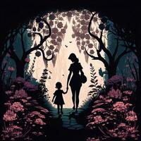 A silhouette of a mother and child holding hands and walking in a park surrounded by blooming flowers - photo