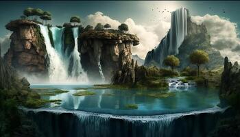Waterfall Landscape Painting in Nature Background - photo