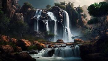 Waterfall Landscape Painting in Nature Background - photo