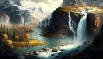 Waterfall Landscape Painting in Nature Background - photo