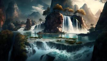 Waterfall Landscape Painting in Nature Background - photo