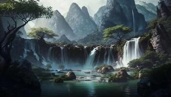 Waterfall Landscape Painting in Nature Background - photo