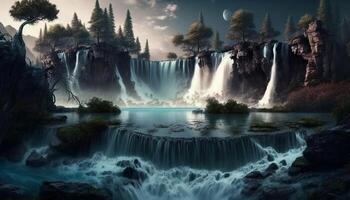 Waterfall Landscape Painting in Nature Background - photo