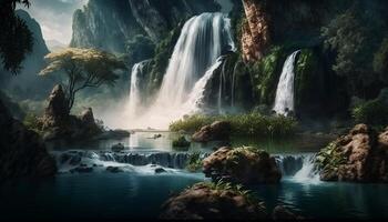 Waterfall Landscape Painting in Nature Background - photo