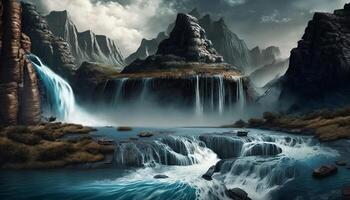 Waterfall Landscape Painting in Nature Background - photo