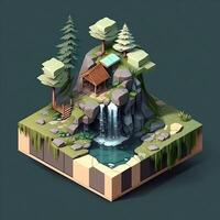 Isometric Waterfall In The Forest - photo