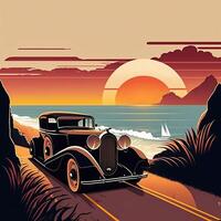 An Antique Car Drove Down a Lonely Road, Past a Road by The Sea. With a Full Sunrise in a Clear Sky. The Style is Cinematic and Reminiscent of Classic Road Trips - photo