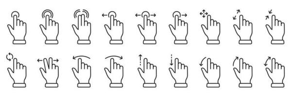 Gesture Slide Left and Right Line Icon Set. Hand Finger Touch, Swipe and Drag Linear Pictogram. Pinch Screen, Rotate Up Down on Screen Outline Sign. Editable Stroke. Isolated Vector Illustration.