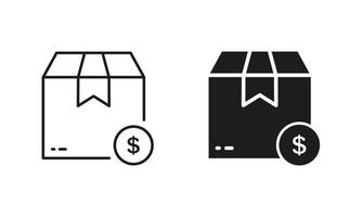 Pay Money Dollar for Delivery Service Silhouette and Line Icon Set. Currency Payment Transfer for Parcel Box Pictogram. Pay Speed Delivery Order Sign. Editable Stroke. Isolated Vector Illustration.