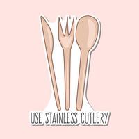 Vector reusable metal or bamboo sustainable cutlery lifestyle zero waste ecological concept vector illustration, sticker