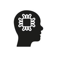 ai, innovación neurociencia concepto sólido signo. humano cabeza y tecnología chip silueta pictograma. artificial inteligencia icono. aislado vector ilustración.