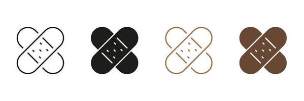 Sticky Bandage for Wound Recovery Pictogram. Tape for First Aid, Medical Plaster Line and Silhouette Icon Set. Adhesive Band, Emergency Black and Color Symbol Collection. Isolated Vector Illustration.