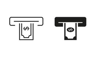 retirar dinero en línea atm y conjunto de iconos de silueta. quitar e insertar efectivo en el pictograma del servicio bancario atm. colección de símbolos de transacciones de pago sobre fondo blanco. ilustración vectorial aislada. vector