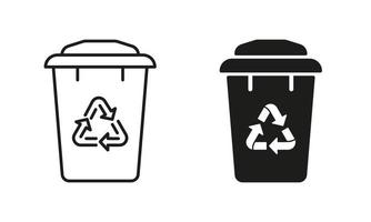 Reuse Container, Ecology Basket for Garbage Line and Silhouette Icon Set. Recycling Dustbin. Bin with Eco Recycle Arrows Triangle Symbol Collection on White Background. Isolated Vector Illustration.