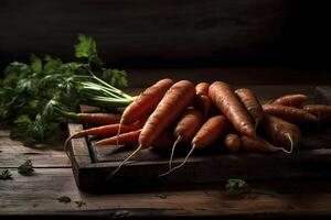 Fresco zanahorias en el cocina mesa, creado con generativo ai foto