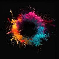 Holi powder color splash paints round border isolated on Black background colorful explosion - photo