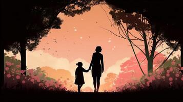 A Silhouette of a Mother and Child Holding Hands and Walking in a Park Surrounded by Blooming Flowers - photo