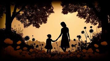 A Silhouette of a Mother and Child Holding Hands and Walking in a Park Surrounded by Blooming Flowers - photo