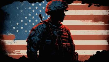 americano bandera y soldado, monumento día - ai generado foto