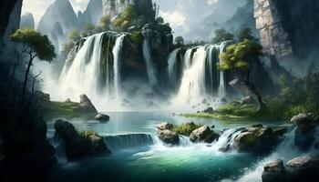 Waterfall Landscape Painting in Nature Background - photo
