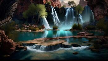 Waterfall Landscape Painting in Nature Background - photo