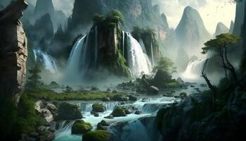Waterfall Landscape Painting in Nature Background - photo