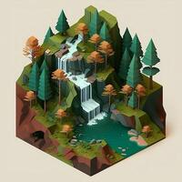 Isometric Waterfall In The Forest - photo