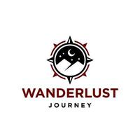 mountain with moon, stars and compass logo wanderlust Adventure logo. mountain with compass sun outdoor brand design icon logo illustration badge vector