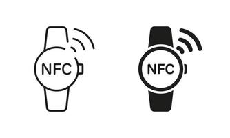 Smart Watch with NFC Technology Line and Silhouette Icon Set. Smartwatch Bracelet Pictogram. Watch for Contactless Payment Symbol Collection on White Background. Isolated Vector Illustration.