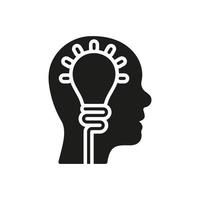 Human Head and Lightbulb Silhouette Pictogram. Creative Thinking Solid Icon. Innovation Science Idea Glyph Sign. Intellectual Process Symbol. Isolated Vector Illustration.