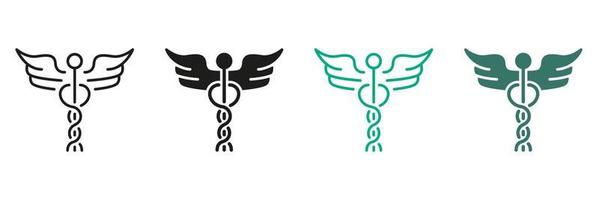 Pharmacy Emblem, Hospital Black and Color Pictogram. Pharmaceutical Healthcare Symbol Collection. Caduceus Sign. Caduceus Greek Insignia Line and Silhouette Icon Set. Isolated Vector Illustration.