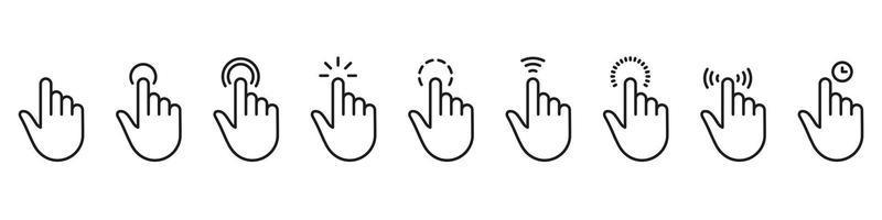 Hand Finger Touch, Swipe, Click, Press and Tap Line Icon Set. Double Click and Tap Sign. Gesture Slide Left and Right Outline Icon Collection. Editable Stroke. Isolated Vector Illustration.