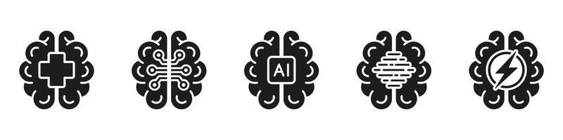 Human Brain Black Solid Icons. AI Concept. Neurology Science, Digital Technology Silhouette Pictogram Set. Artificial Intelligence Glyph Symbol on White Background. Isolated Vector Illustration.