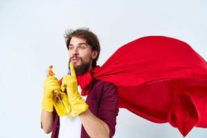 Man Red raincoat professional cleaning detergent homework photo