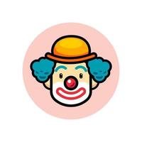 Joker clown smile vector illustration mascot with blue hair wig, make up and hat. Red nose happy joker head cartoon. jester funny Character art