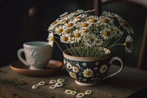 manzanilla flores en taza. ilustración ai generativo foto